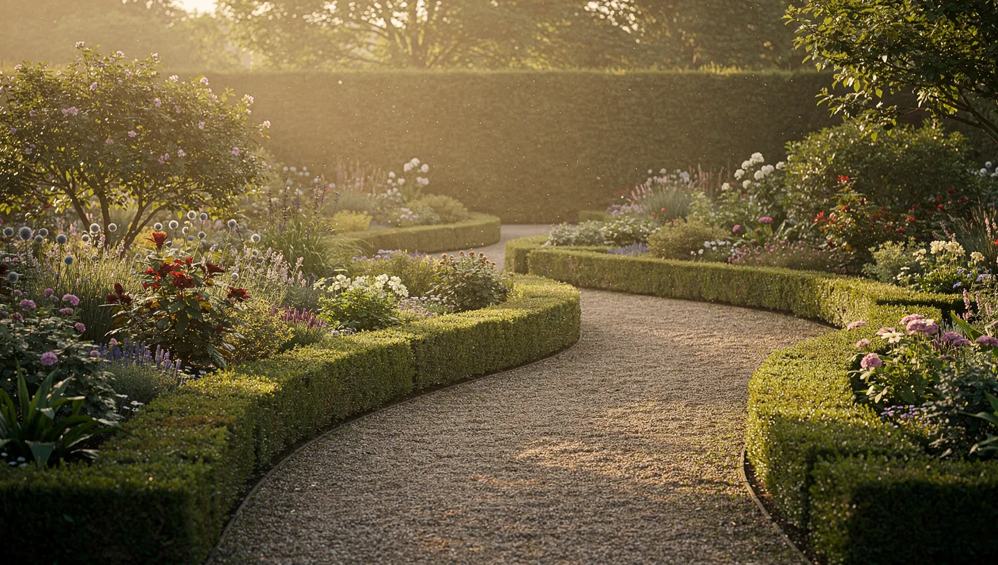 Jardin soigneusement entretenu au lever du jour, avec allée courbe et haies taillées